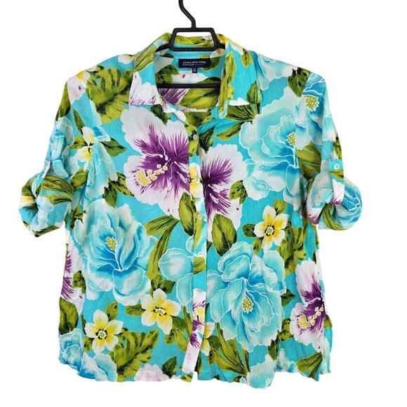 Womens Jones New York Blue Green Floral Blouse Button Up Roll Tab Sleeve 2X - Picture 1 of 9